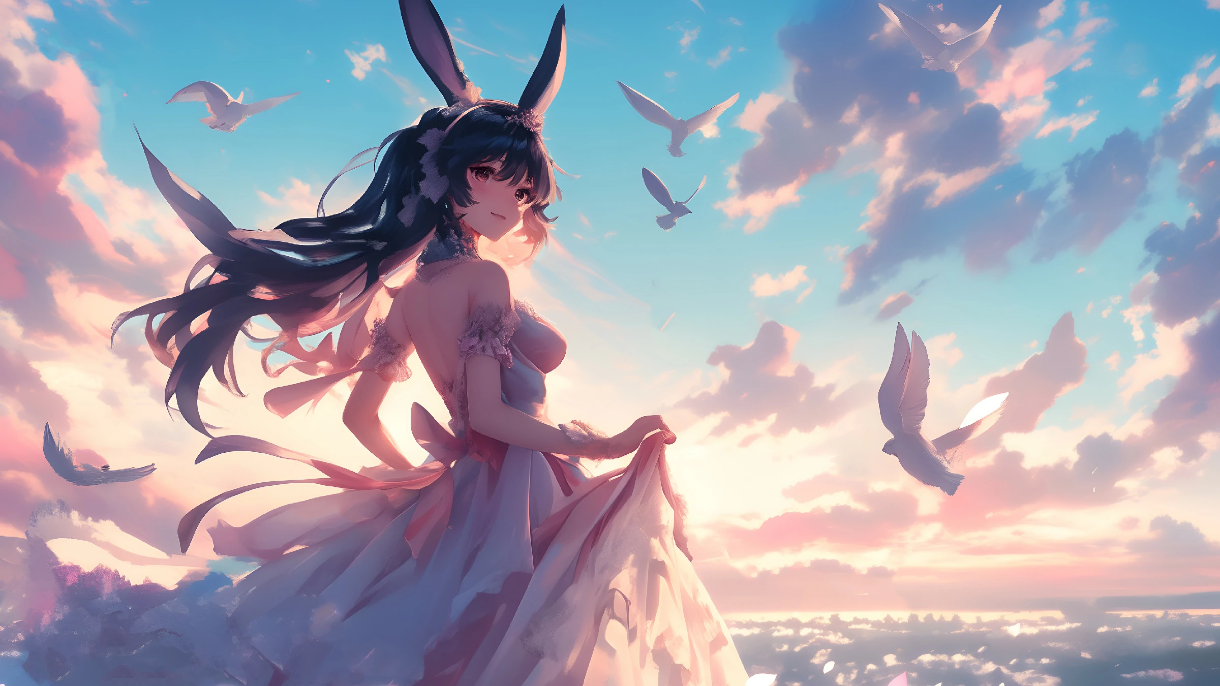 云端裙摆与兔耳少女：黄昏里的风之轻舞