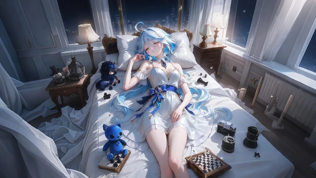 夜窗下的蓝发酣梦：卧室里的温柔童话
