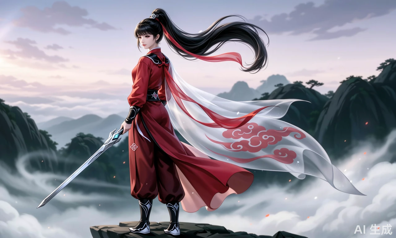 墨色高马尾束带飞扬,发丝线条流畅有光泽,身穿改良式武侠风红衣