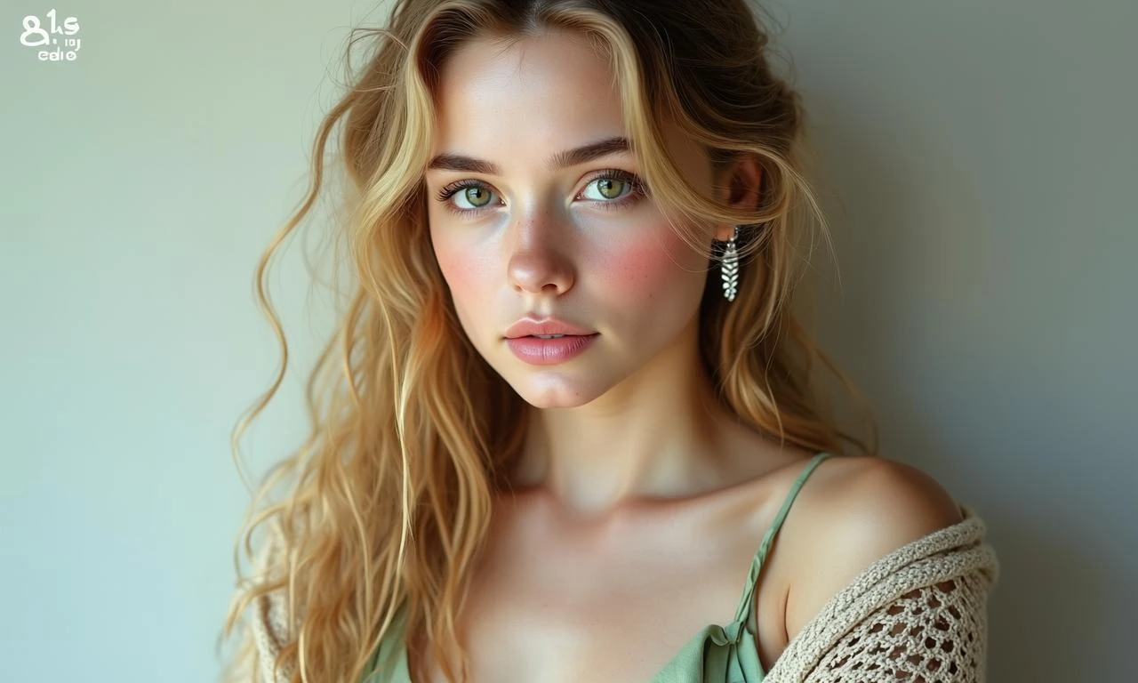 写实风格文艺美女，24岁左右，心形脸线条柔和，浅棕色眼眸