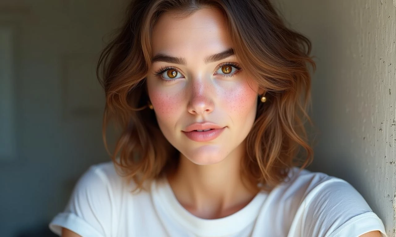 写实风格美女，22岁左右，鹅蛋脸轮廓柔和，清澈杏眼