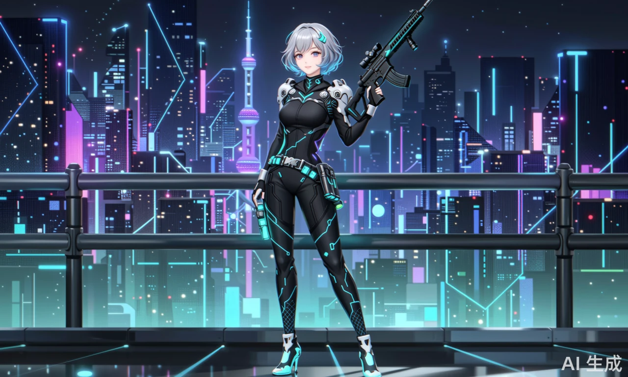 银灰色短发带蓝紫色挑染,发丝锋利有层次,身穿黑色紧身作战服