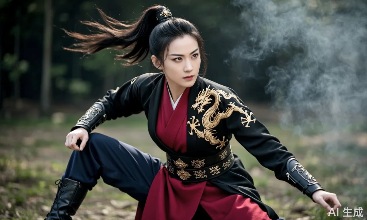 这个国风次元女孩一身利落的劲装打扮,外罩一件黑色短褂