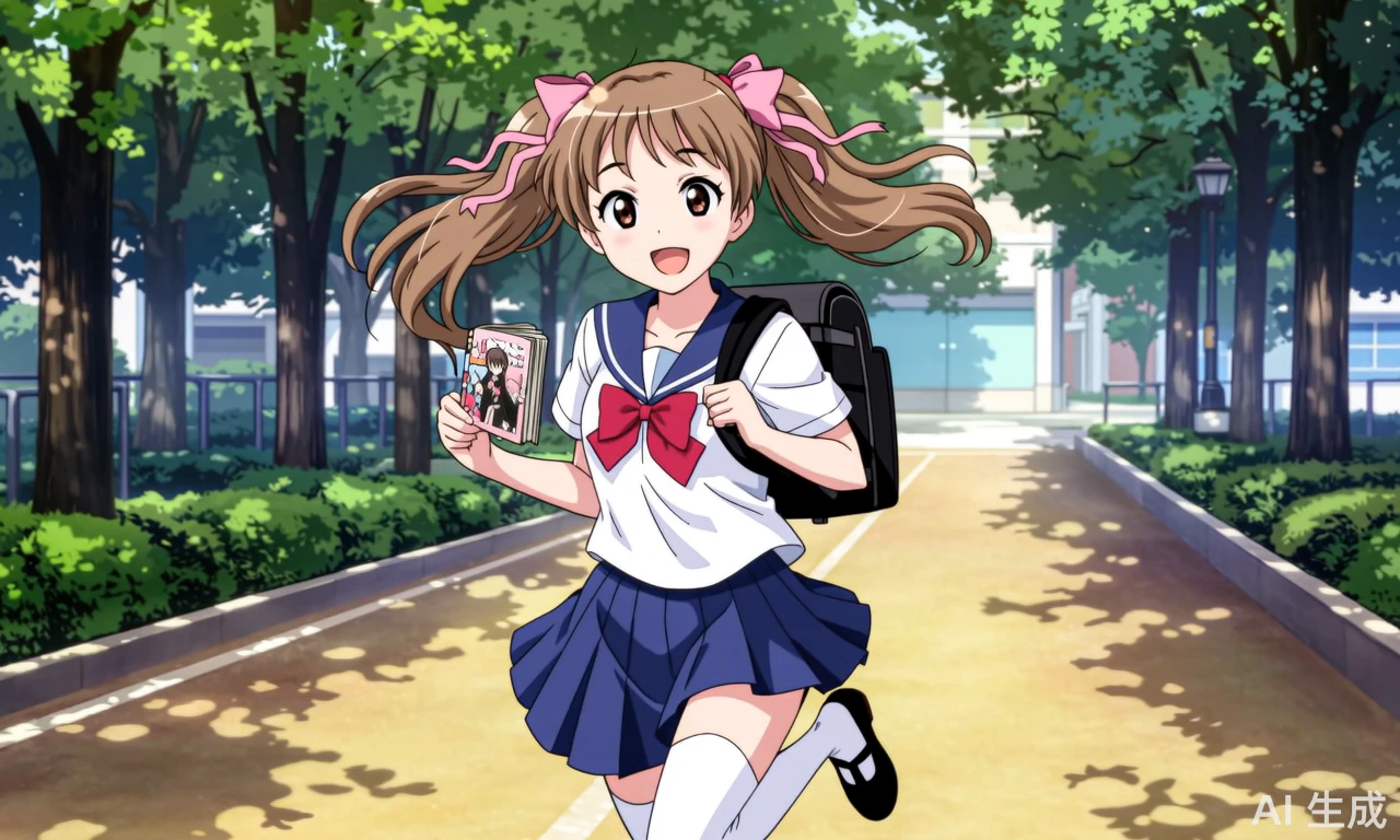 浅棕色双马尾扎着粉色丝带,发尾自然蓬松,身穿蓝白相间的校园水手服