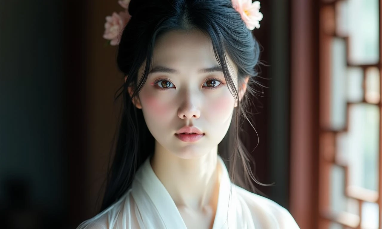 写实风格融合风美女，23岁左右，清秀鹅蛋脸，远山眉淡雅细长