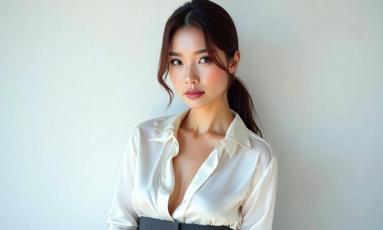 写实风格知性美女，30岁左右，鹅蛋脸带轻微棱角，深棕色眼眸