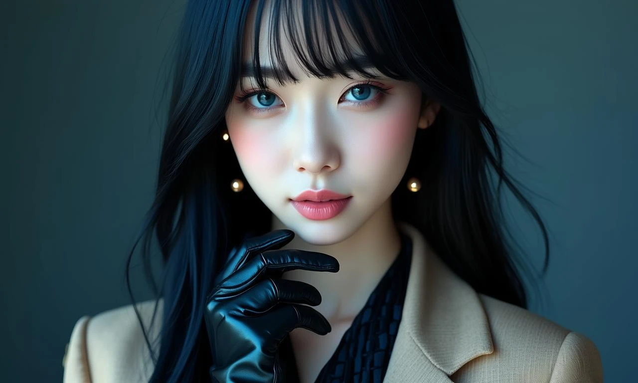 动漫写实御姐，菱形脸线条利落，深邃蓝灰色眼眸