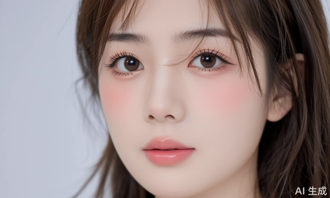 写实风格中国现代美女，23岁左右，鹅蛋脸轮廓柔和，自然野生眉带毛流感，杏眼清澈明亮