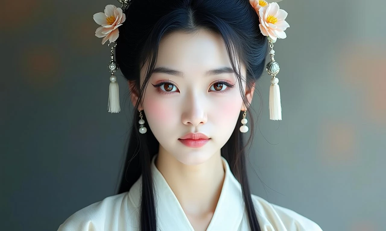 写实风格宋代美女，24岁左右，鹅蛋脸线条清秀，远山眉淡雅细长，杏眼清澈柔和