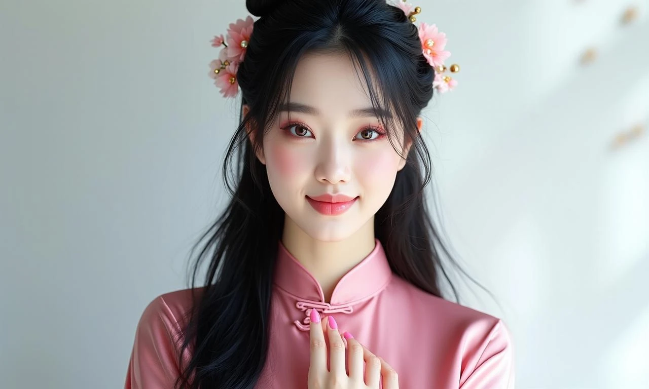 写实风格融合风美女，24岁左右，瓜子脸线条柔和，平眉自然纤细