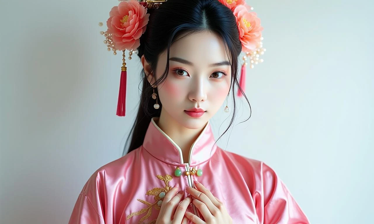 写实风格清代美女，25岁左右，瓜子脸线条柔和，平眉自然纤细，凤眼细长妩媚