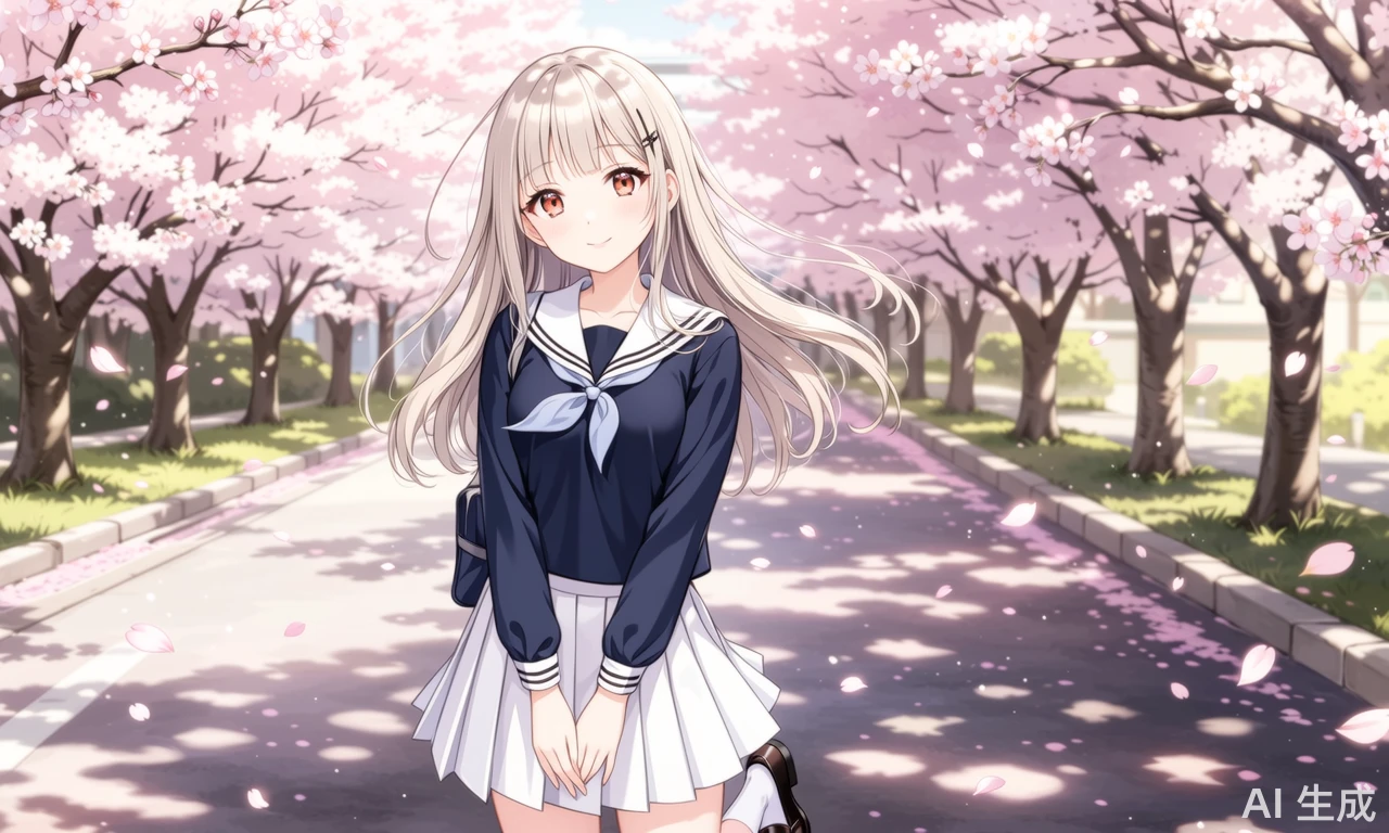 16 岁日系少女,浅亚麻色及腰微卷发,空气刘海