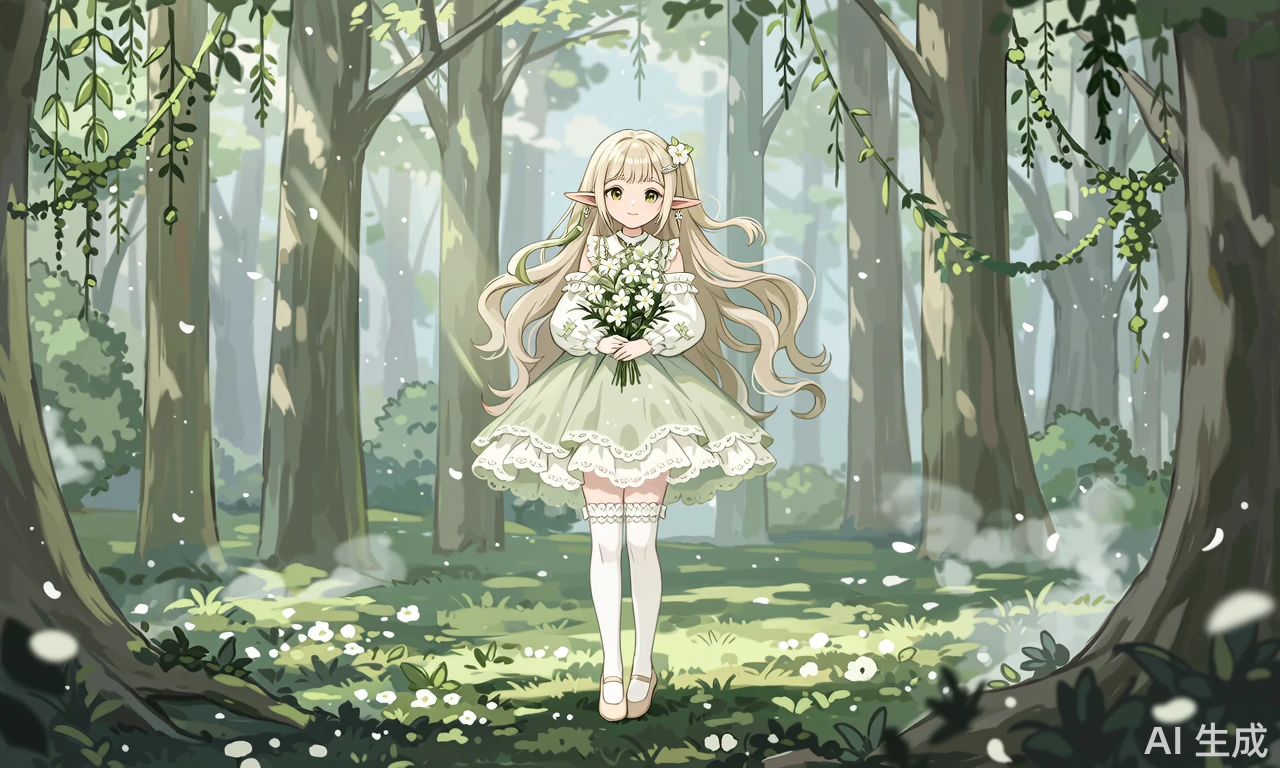 浅金色长卷发点缀白色小花,尖耳轮廓清晰,身穿浅绿色森系连衣裙