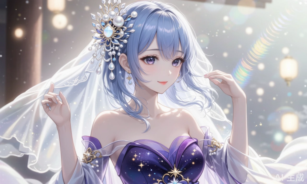 国风次元女孩身着一件紫色的薄纱长裙,裙摆上点缀着星星点点的荧光