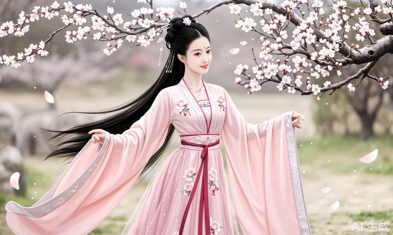 一位国风次元女孩,身着一袭淡粉色齐胸襦裙