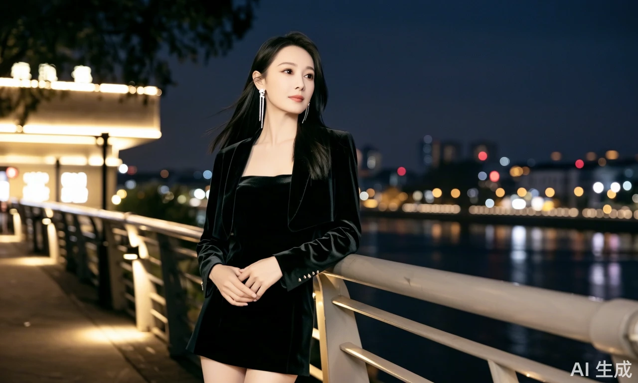 身姿挺拔纤细，黑色长直发垂至腰际