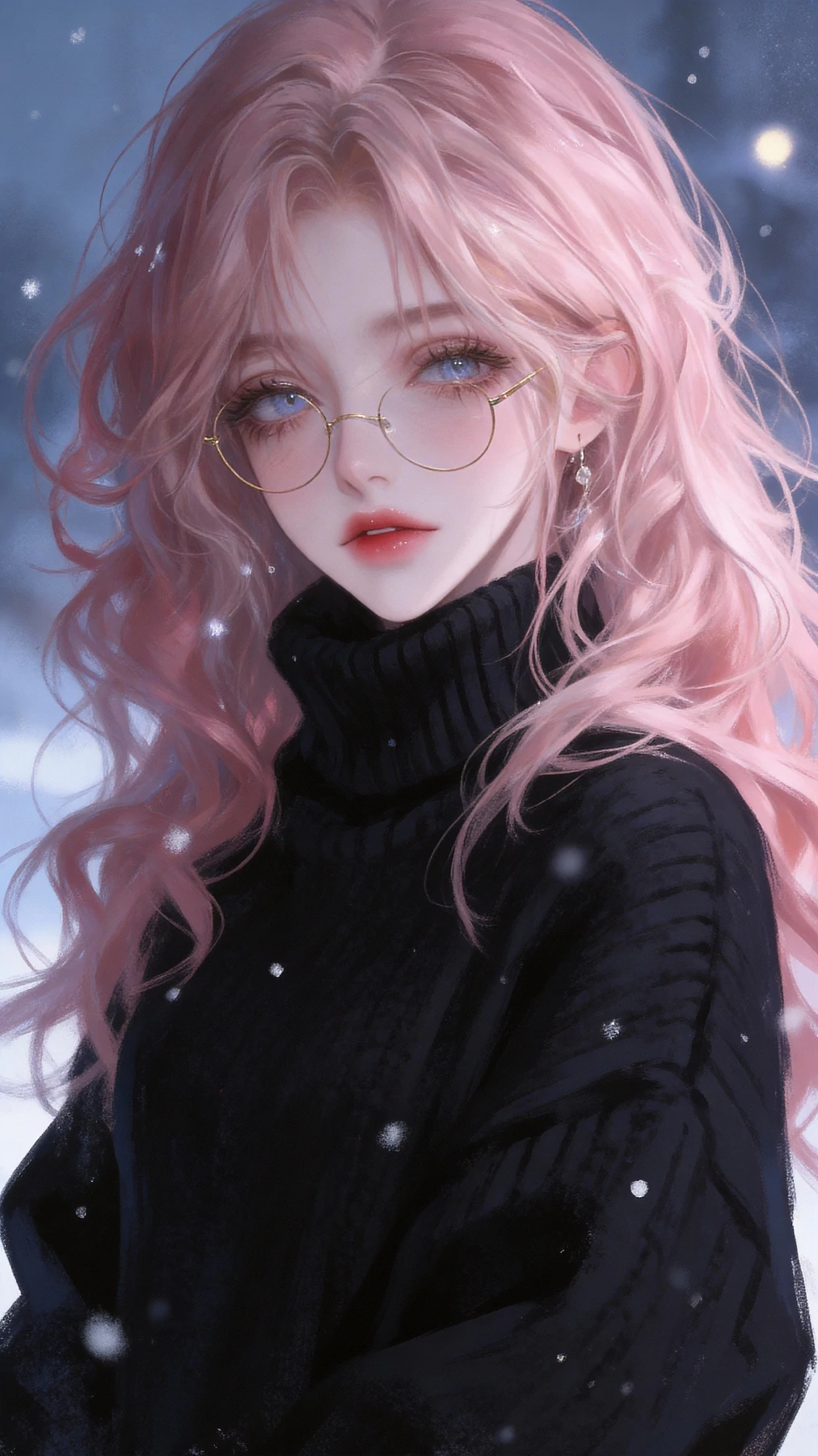 粉发蓝眸映雪，冬日精灵降临，黑衣裹冬诉说静谧时光