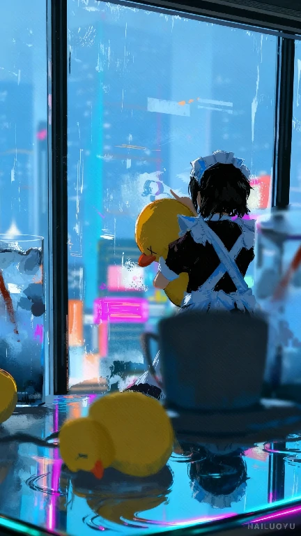 赛博雨窗，女仆与鸭共眺