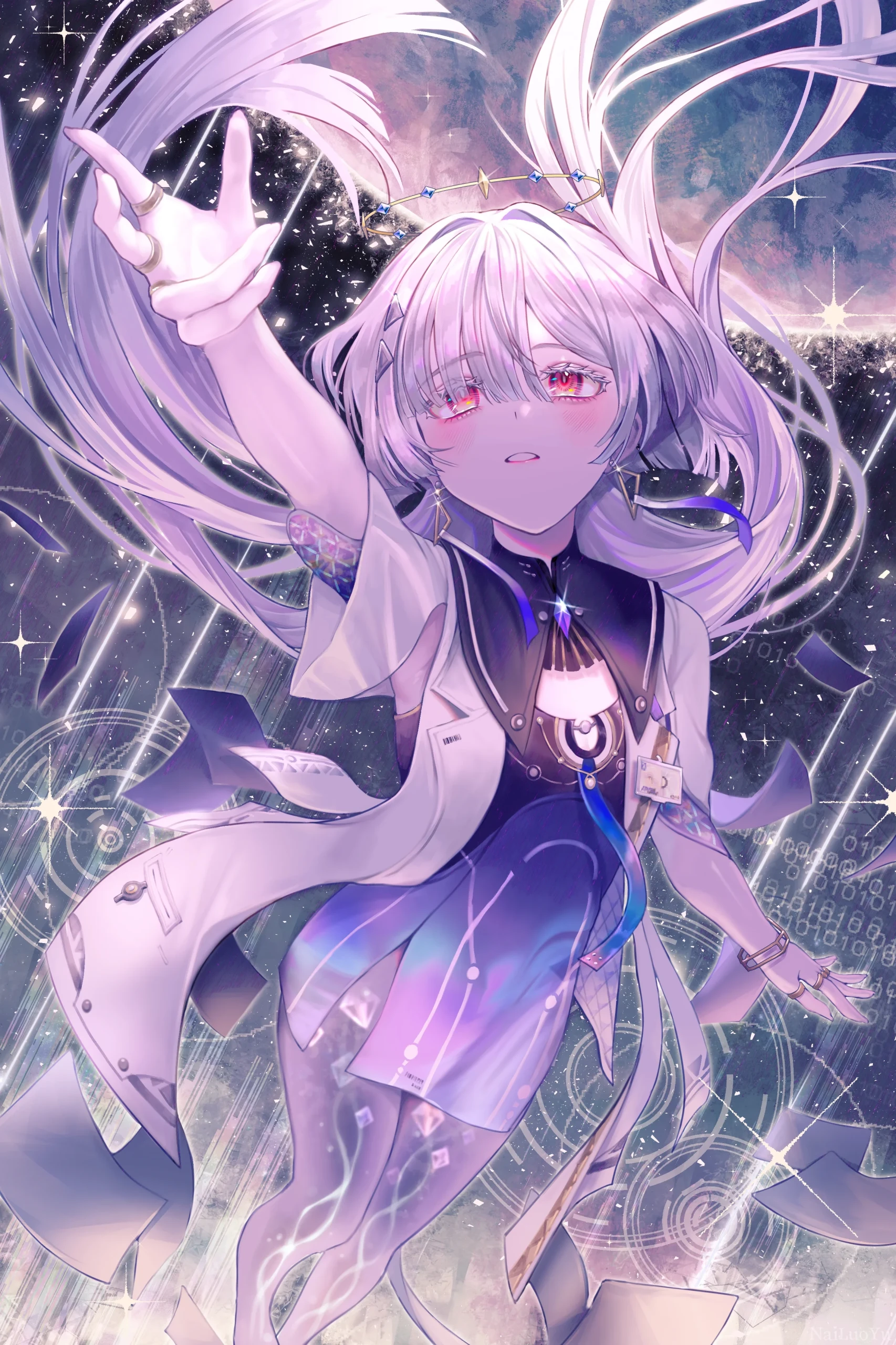 星际幻域中伸手的银发红瞳光环少女插画