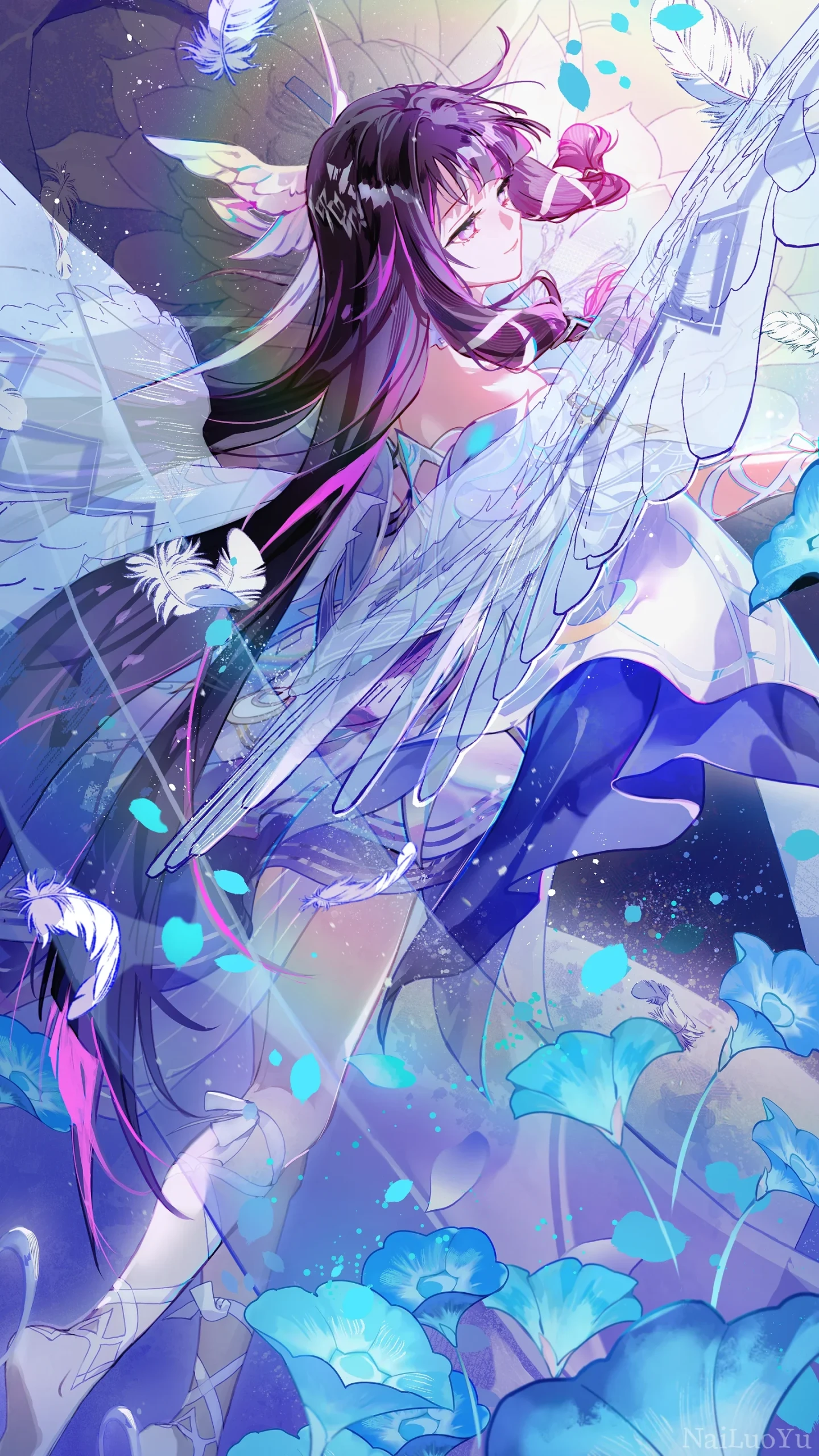 白羽纷飞蓝花盛放 紫发少女迎风漫行