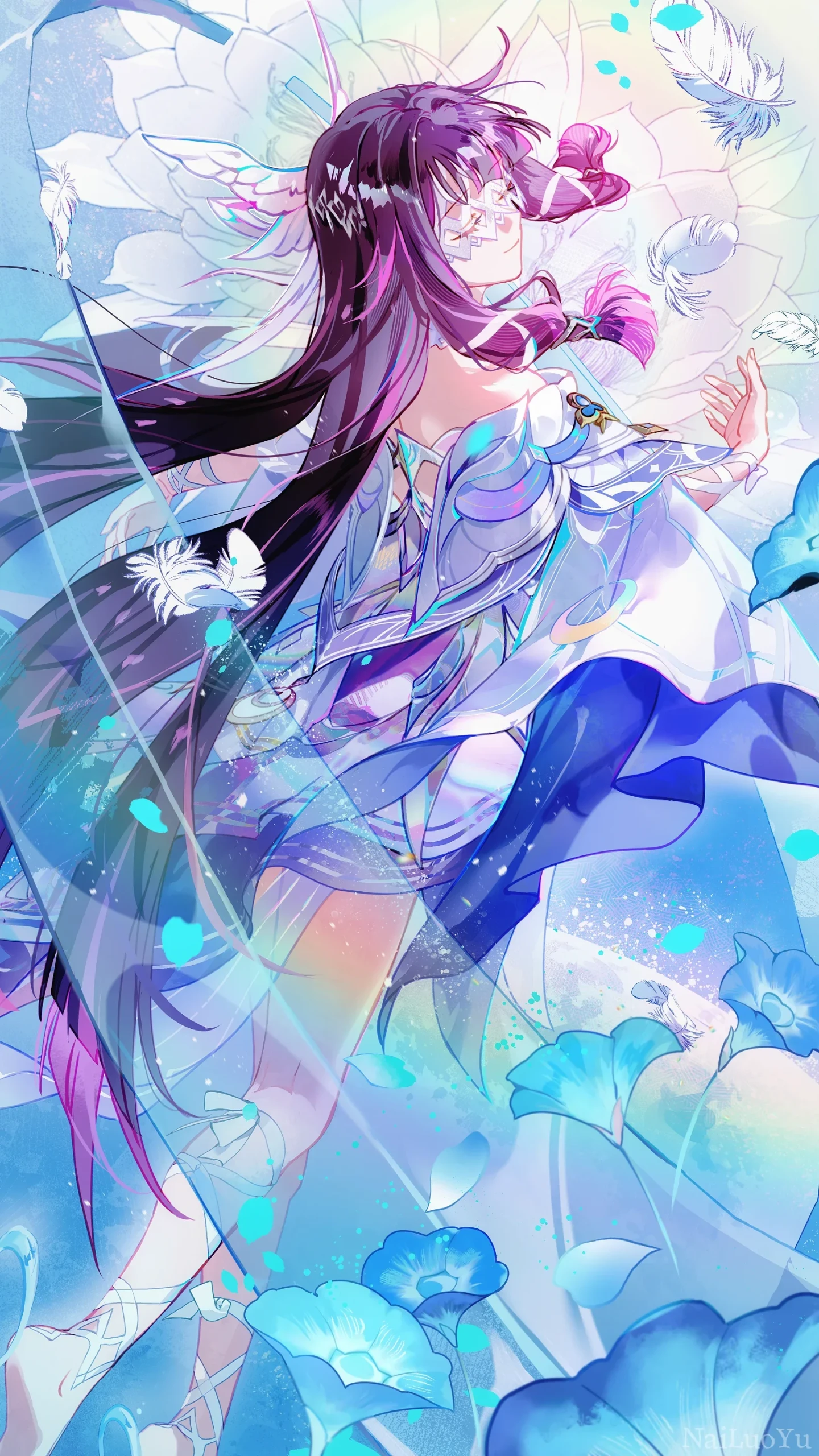 蓝白花簇间翩然起舞的遐蝶同人插画