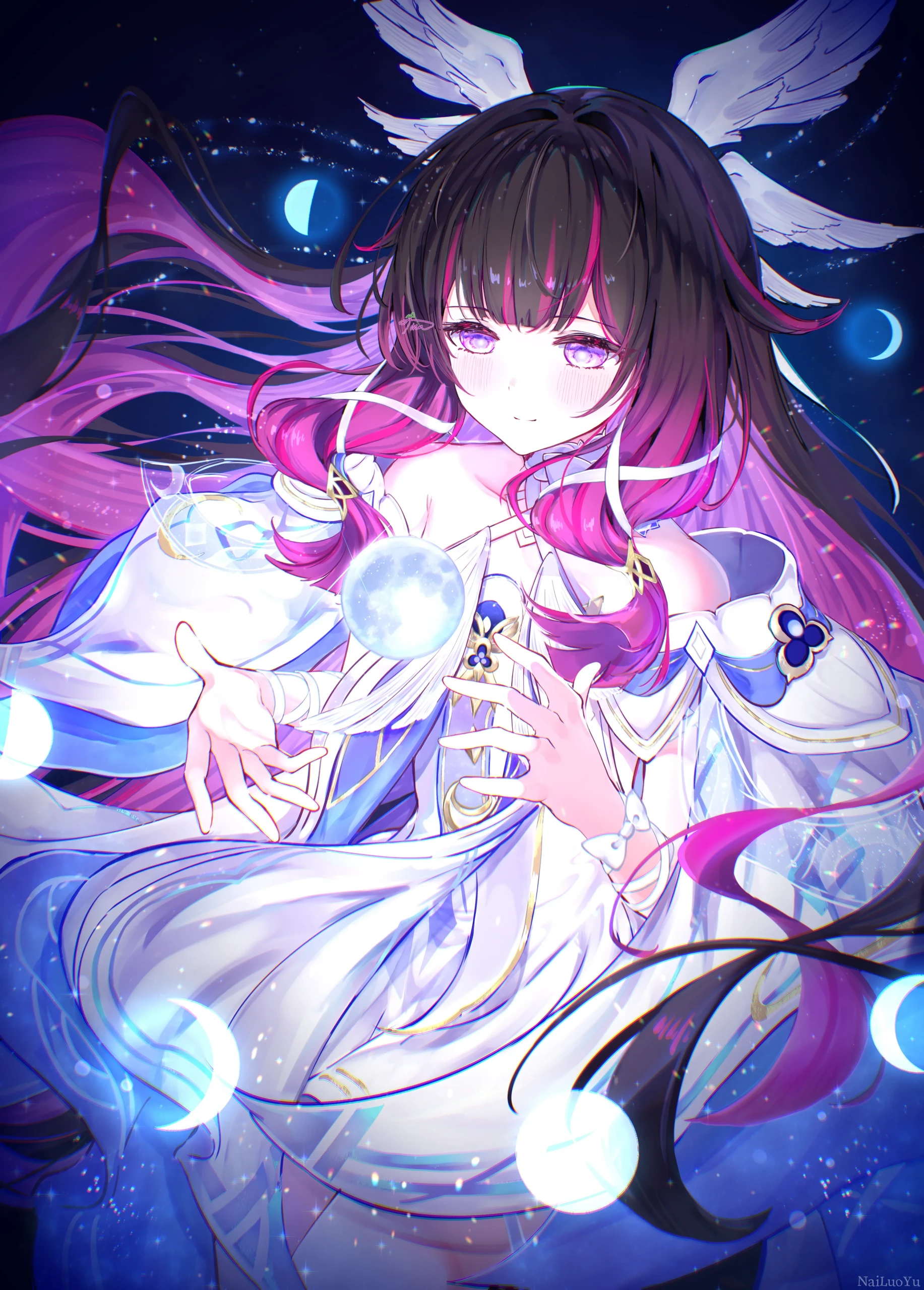 星空月夜下的柔美白羽紫发梦幻少女