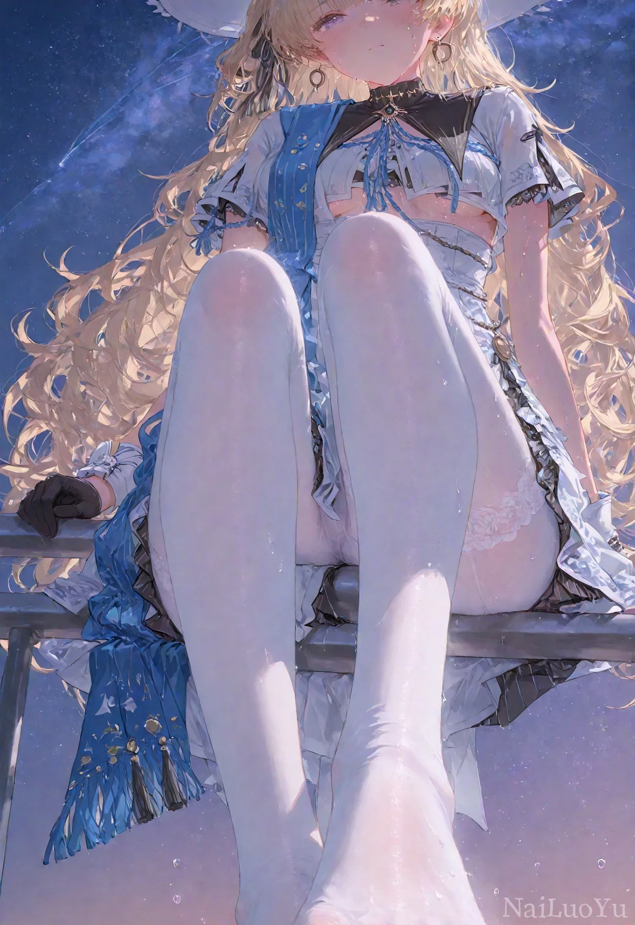 璀璨星空下坐倚栏杆的金发白丝美少女