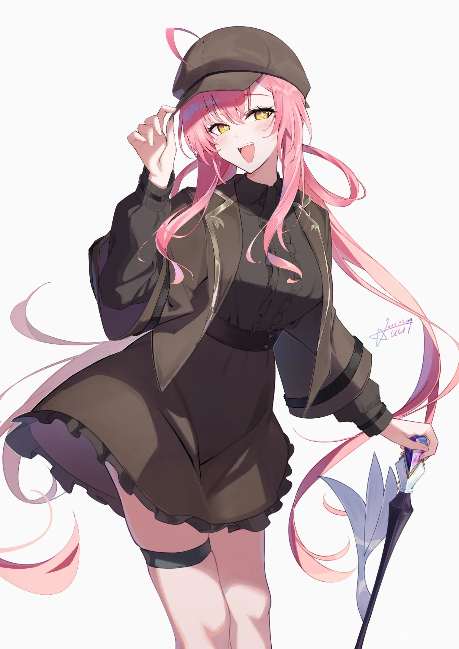 活力粉发金瞳报童帽甜酷少女二次元插画