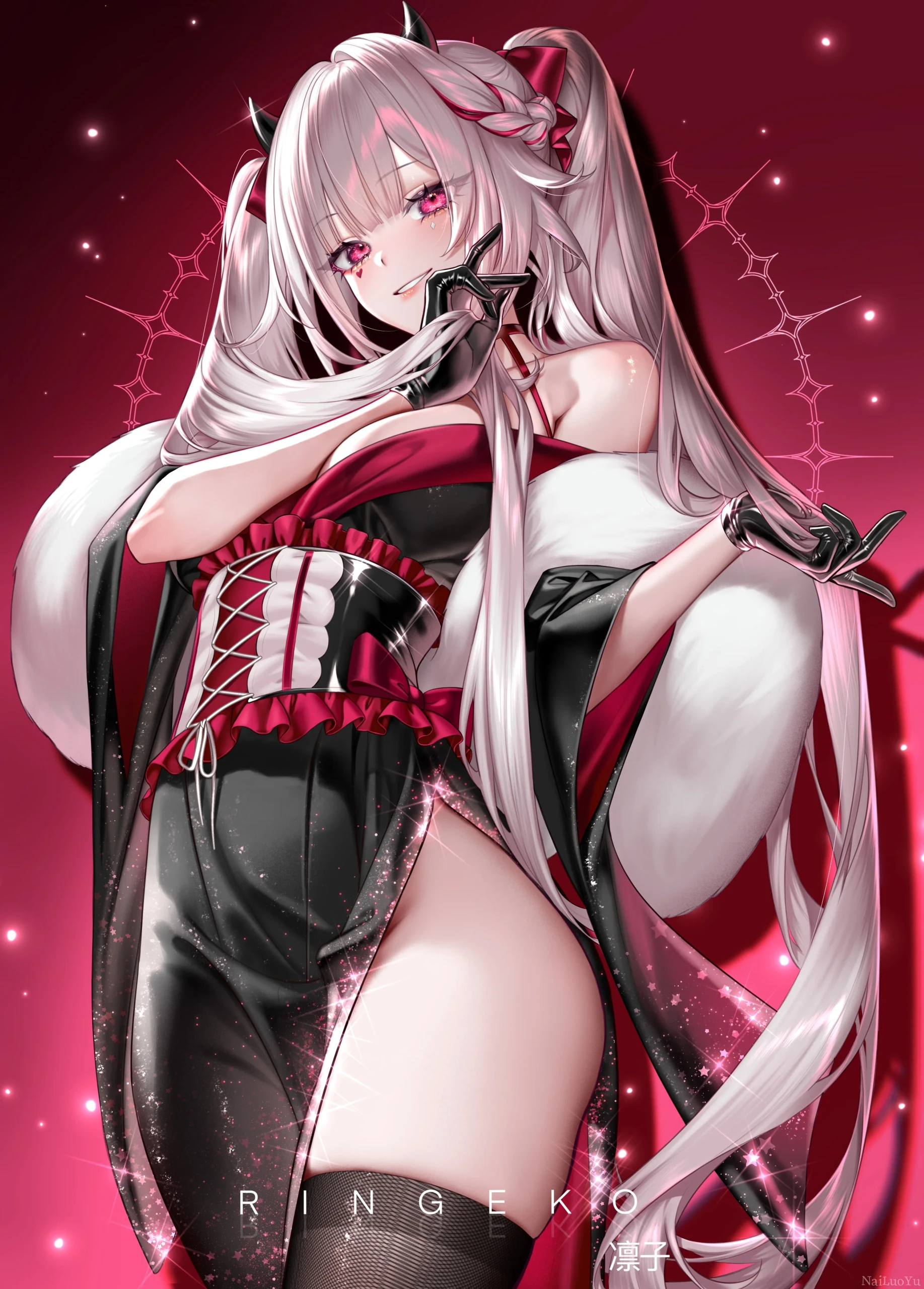 酒红背景恶魔系银发双马尾二次元少女立绘