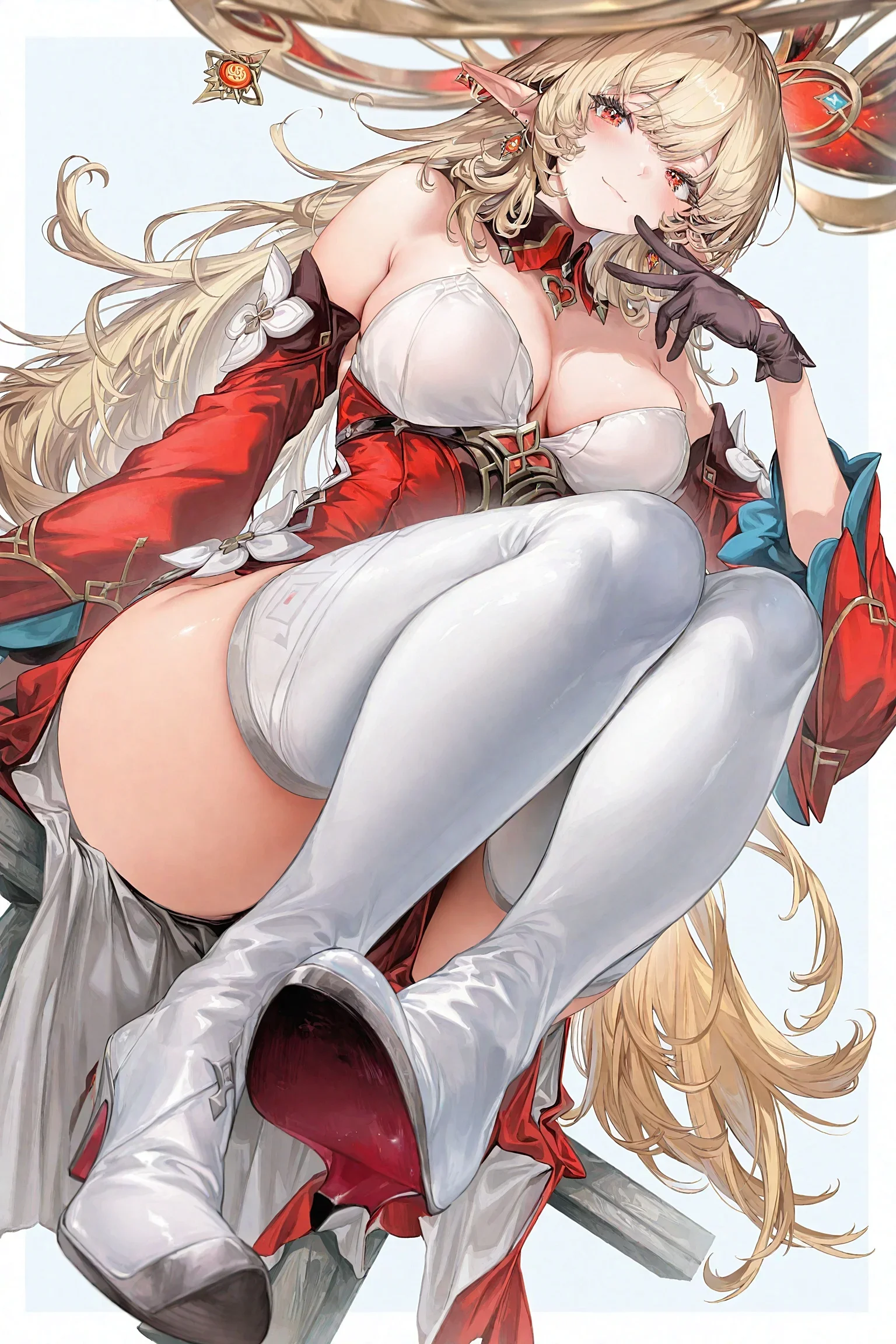 金发赤瞳精灵圣女优雅坐姿二次元插画