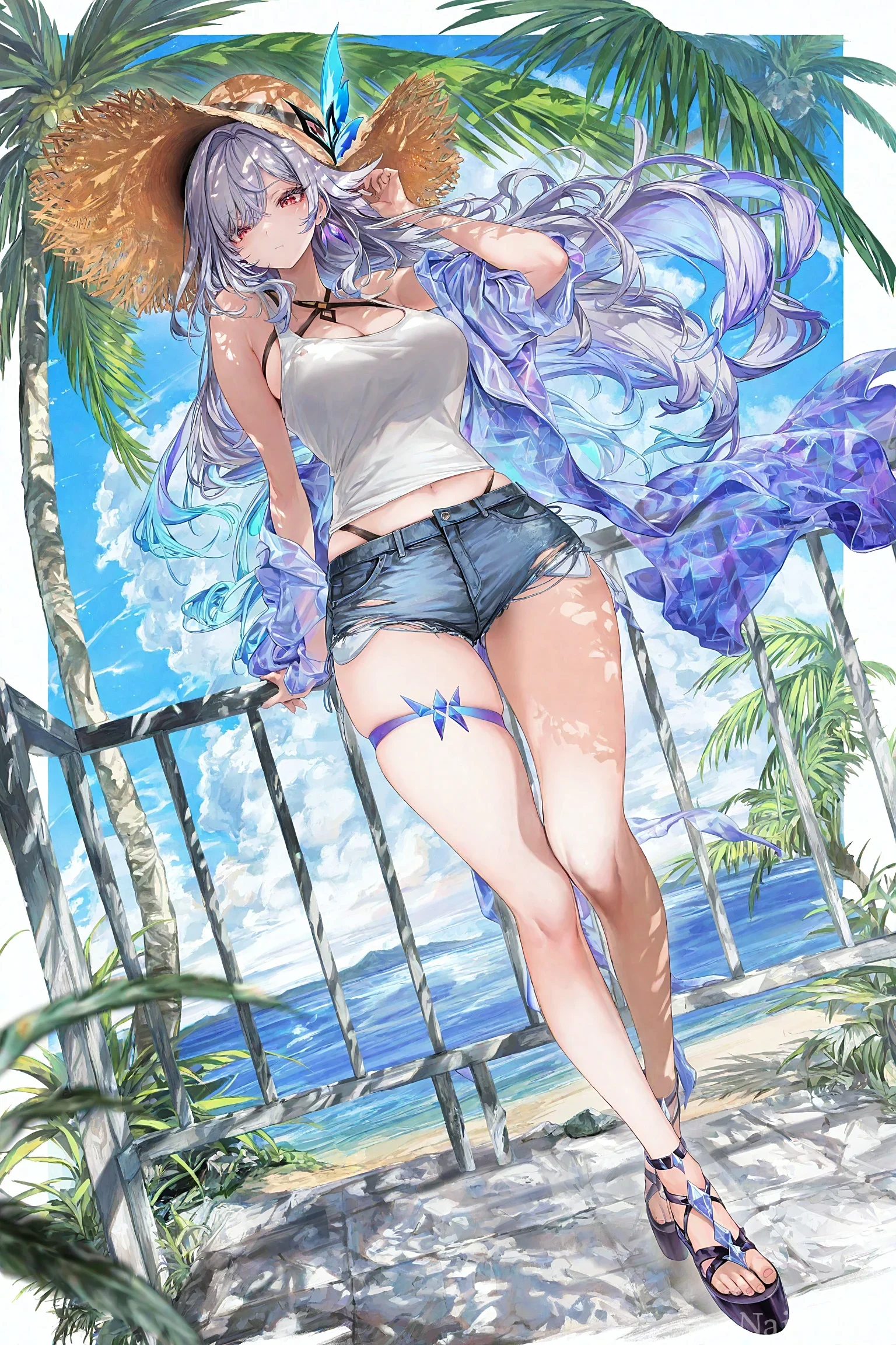 夏日海滨镜流休闲风二次元同人插画