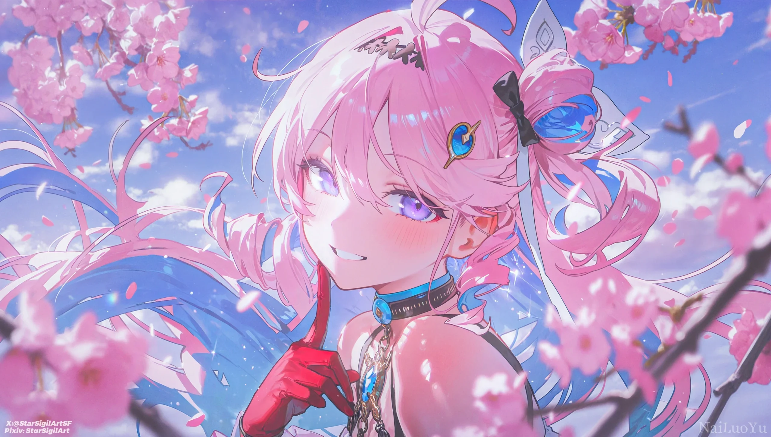 樱花晴空下粉发少女三月七甜笑氛围感插画