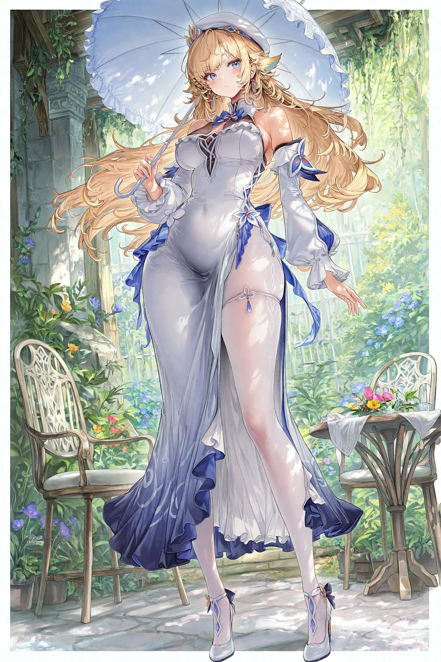 花园露台撑阳伞的优雅金发精灵少女