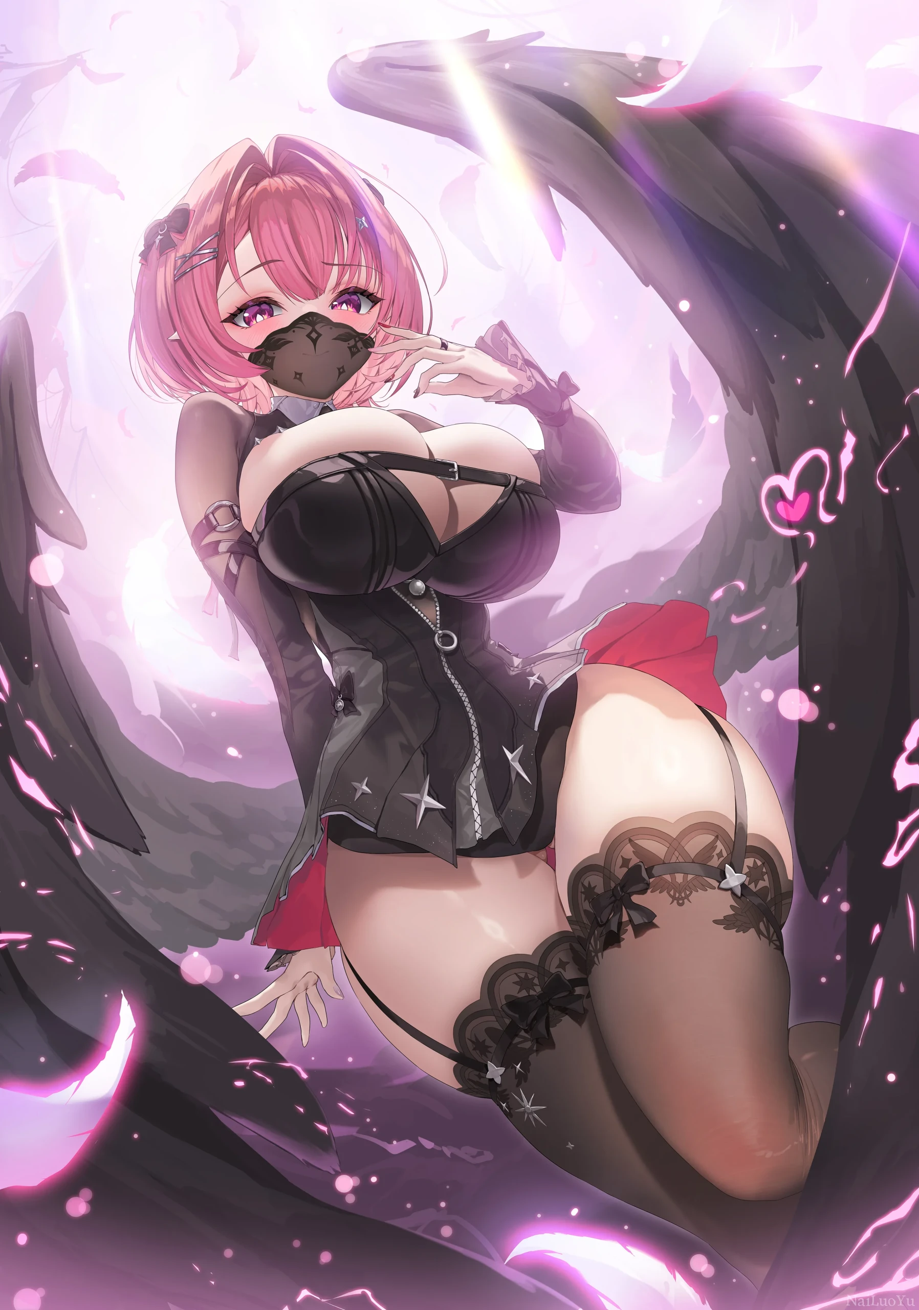 粉发黑翼堕天使少女暗黑风二次元插画