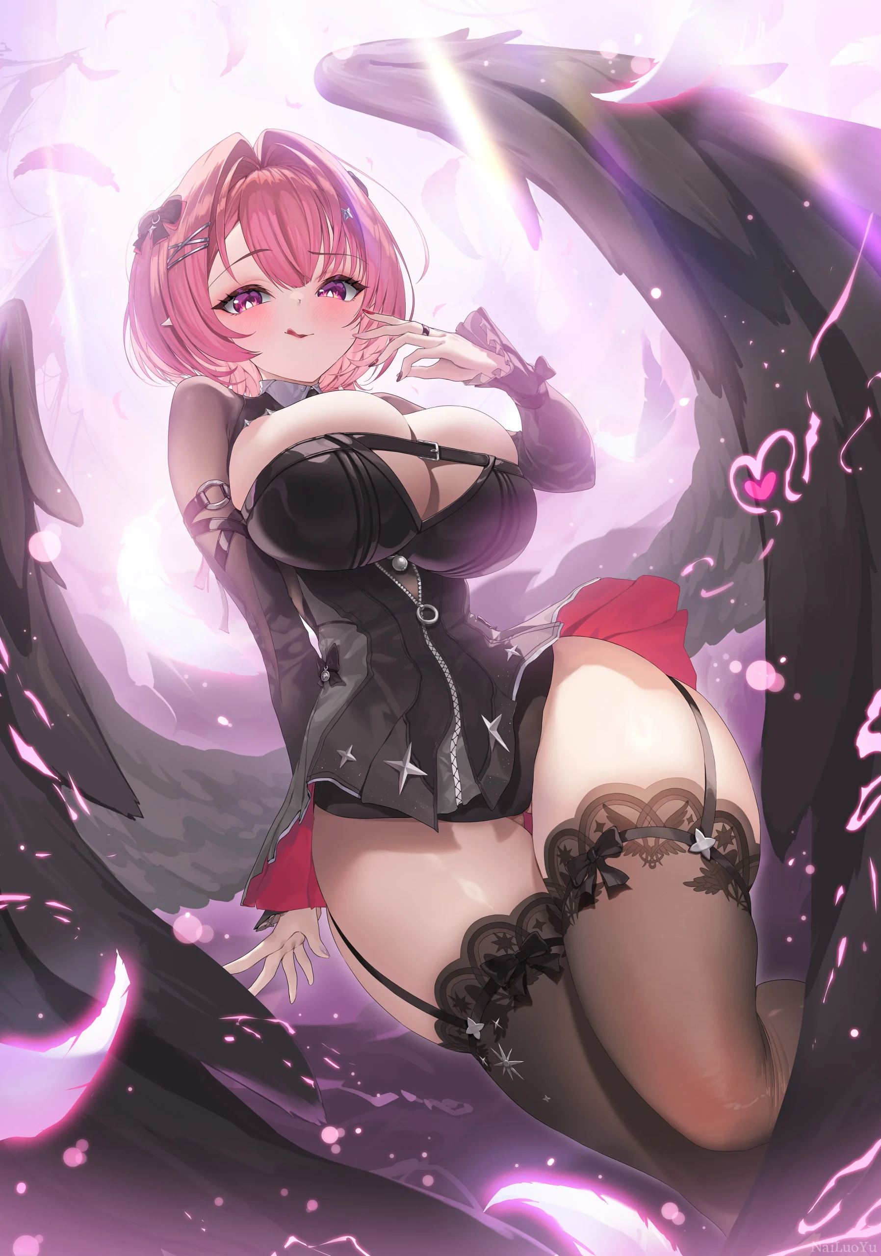 粉发紫眸暗翼魅魔少女二次元精美插画