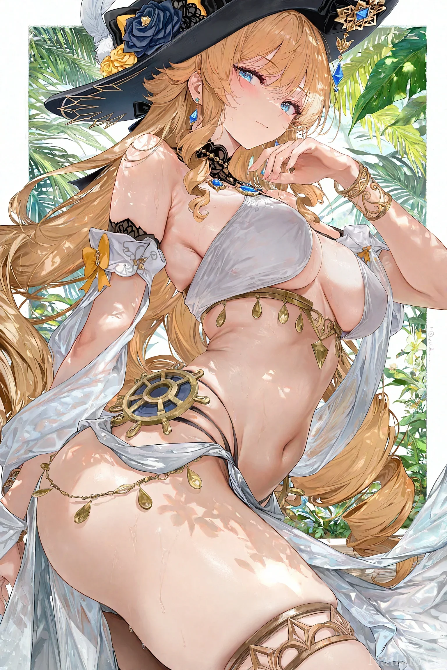 热带阳光下的金发礼服美少女插画