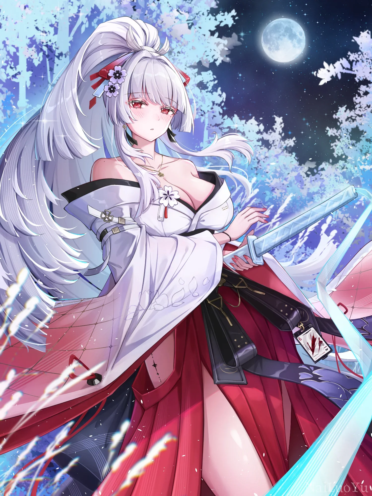 月夜霜林中持剑的银发和风美少女插画