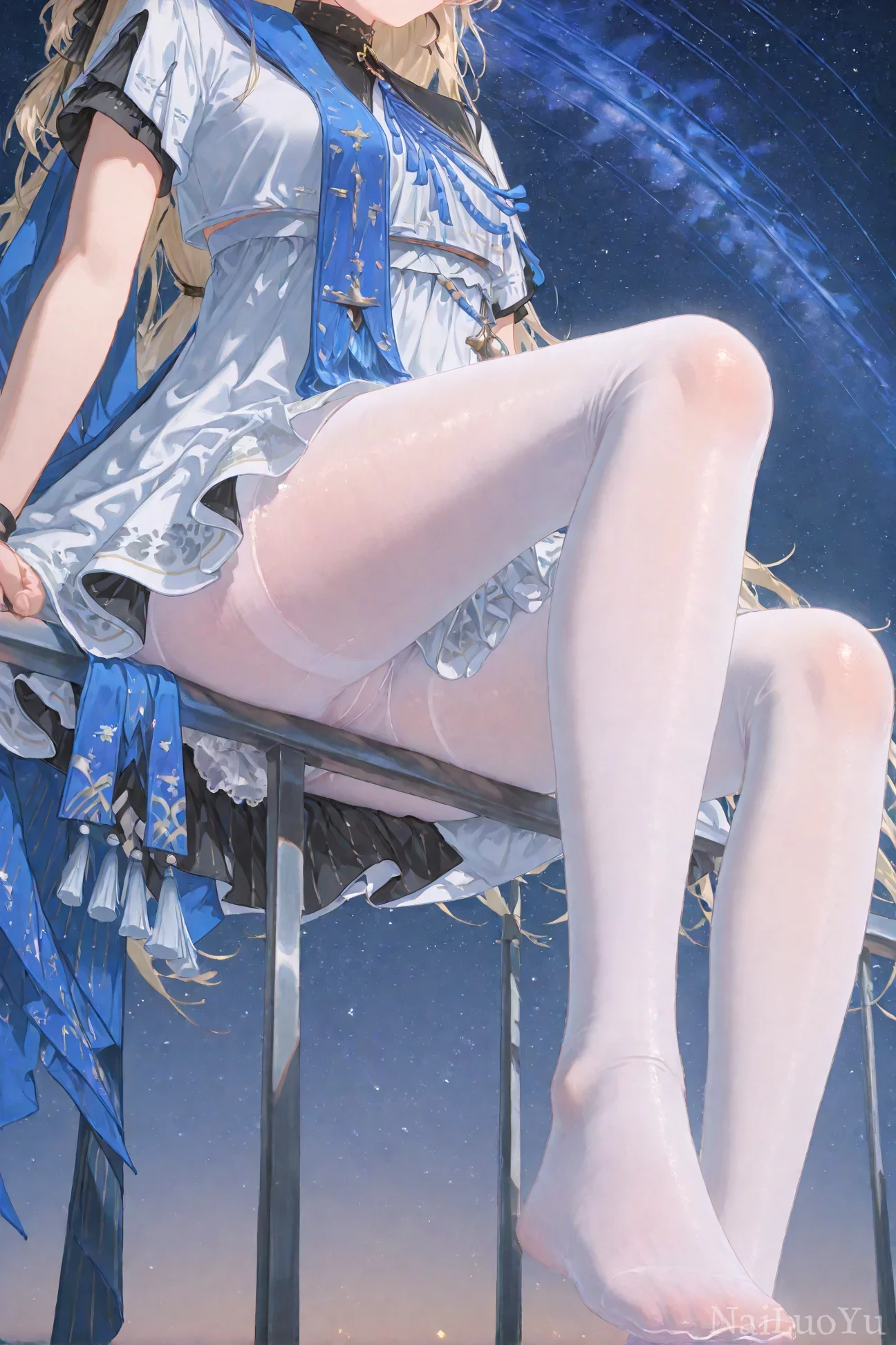 星空下倚坐栏杆的金发白丝二次元少女