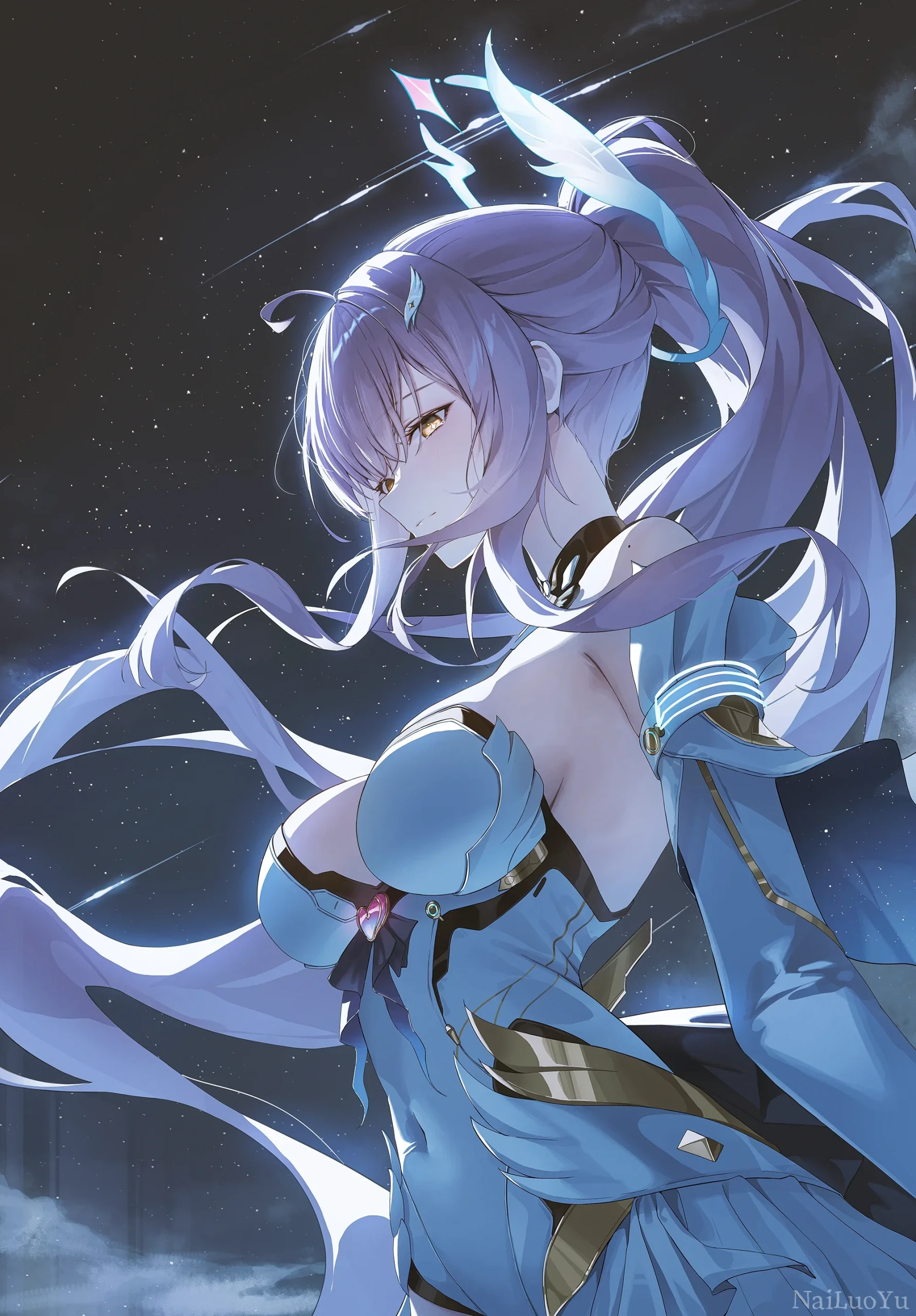 流星夜幕下的知更鸟唯美二次元插画