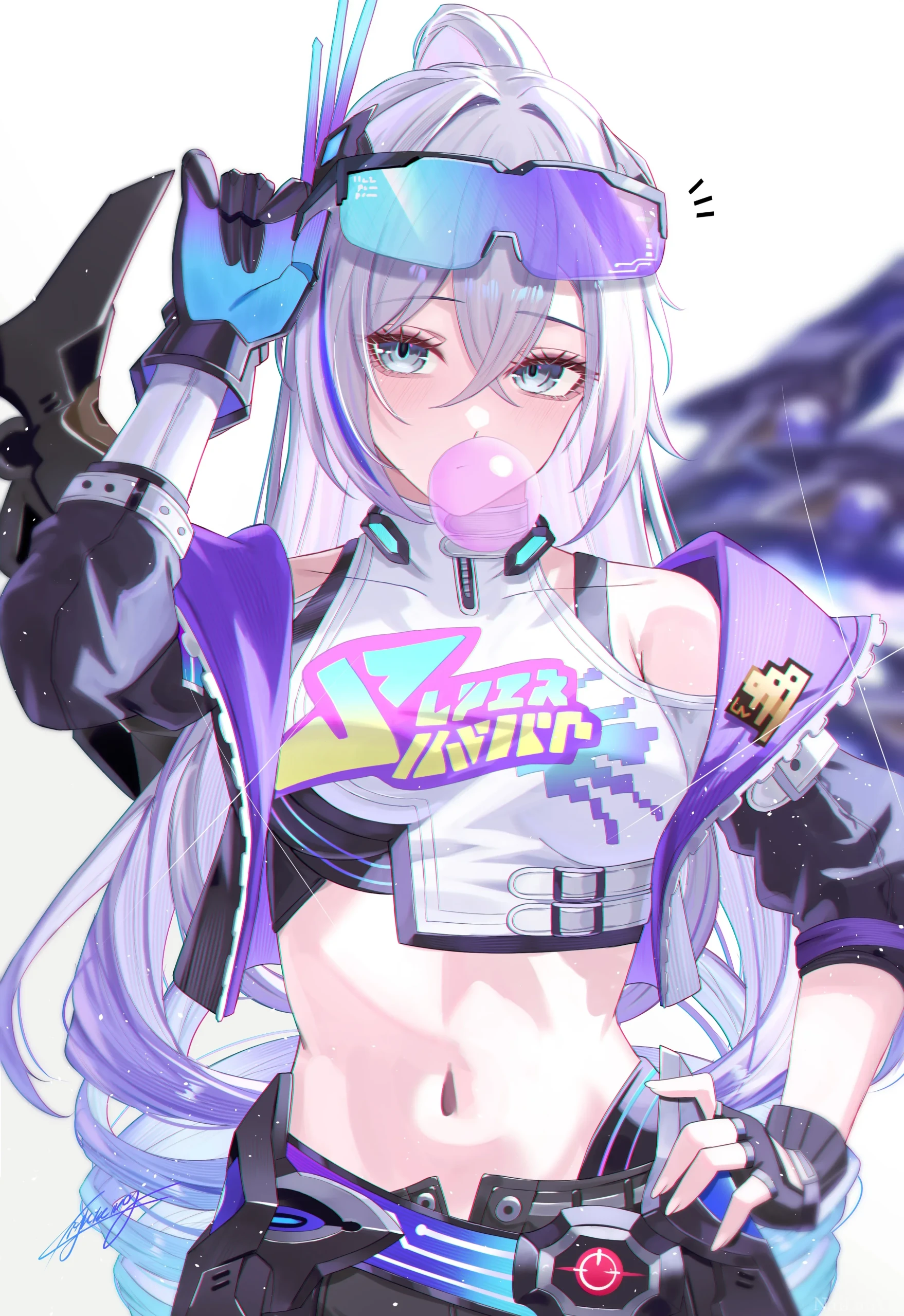 吹泡泡糖的银狼赛博风同人插画