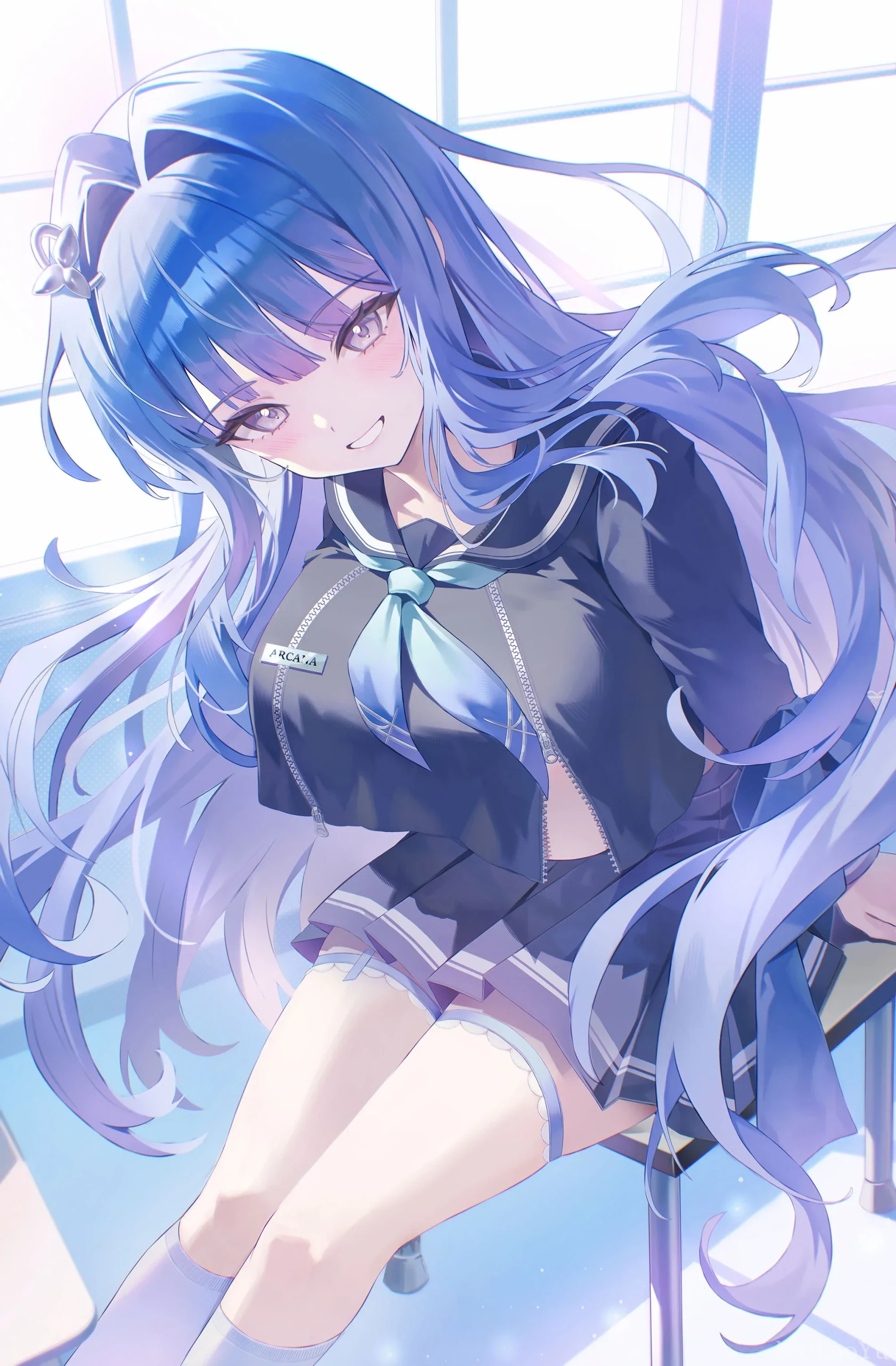 教室窗边蓝发水手服甜美少女二次元插画