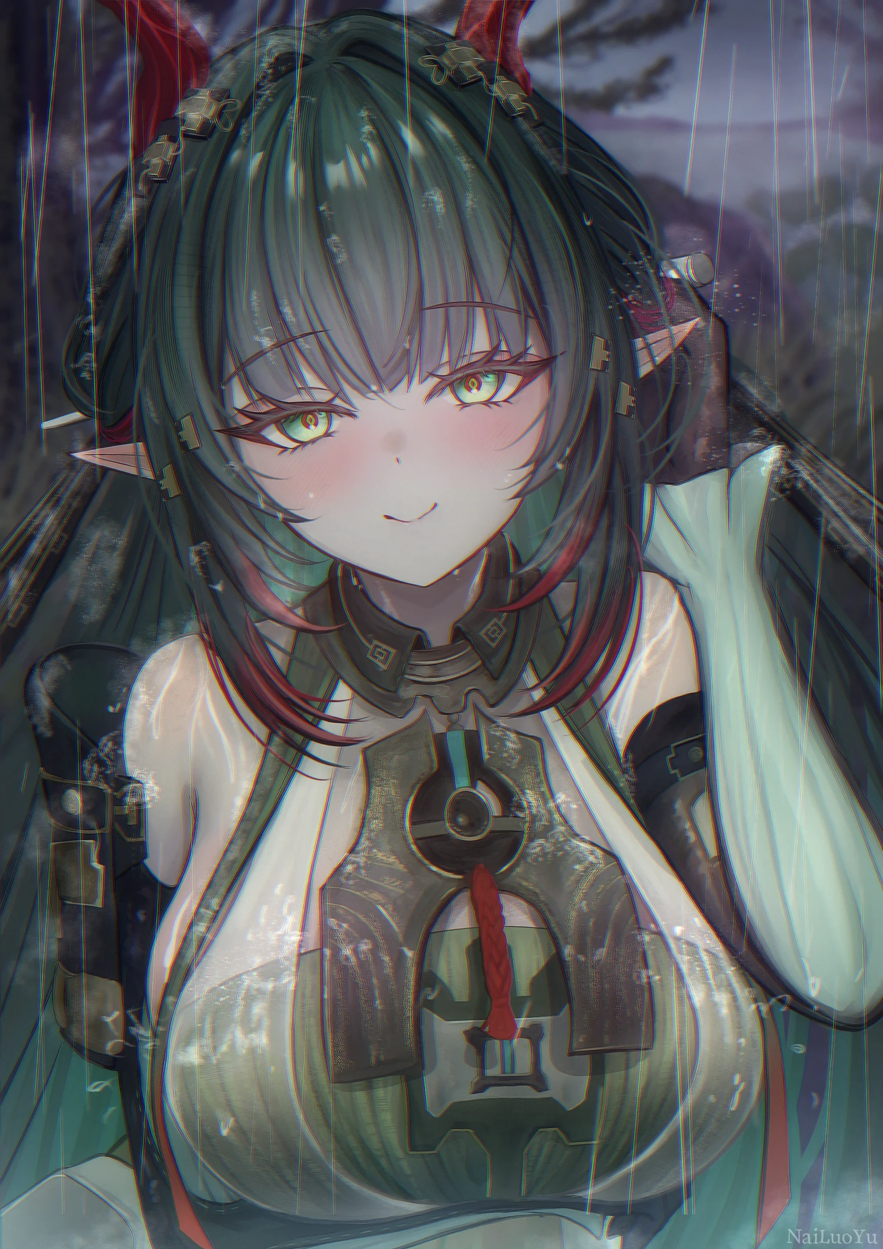 雨幕下浅笑的明日方舟干员夕同人插画