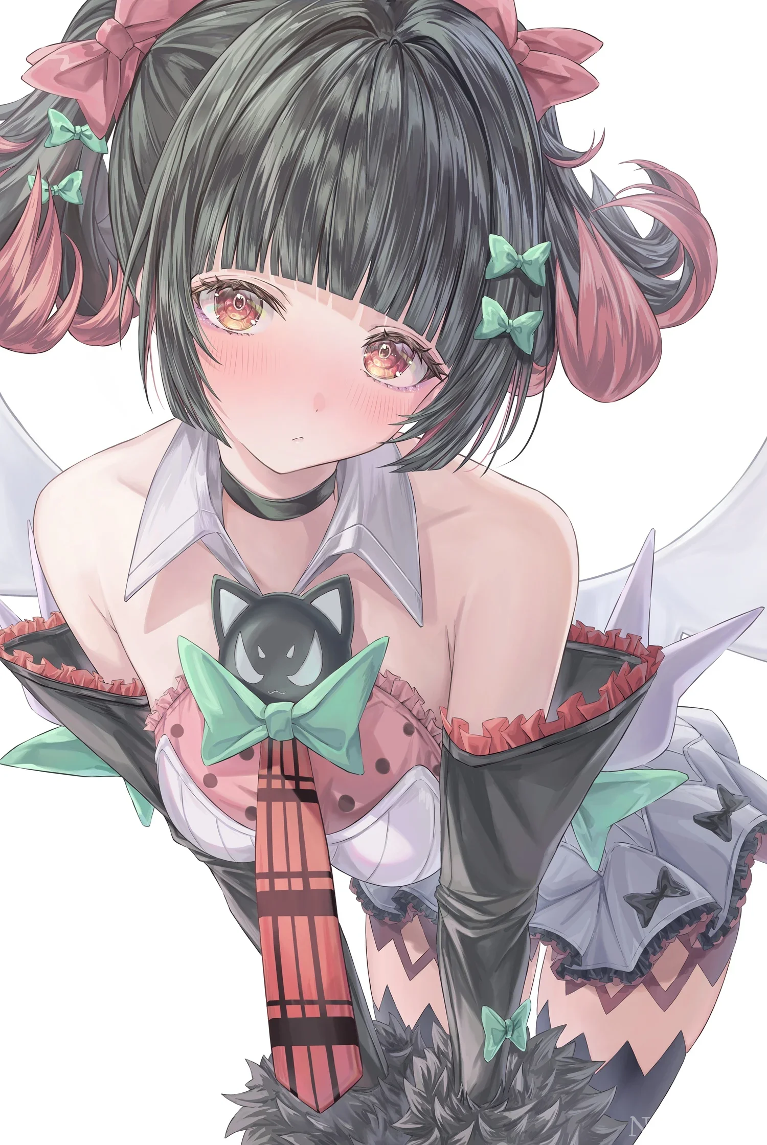 粉绿配色双马尾羞涩二次元少女插画