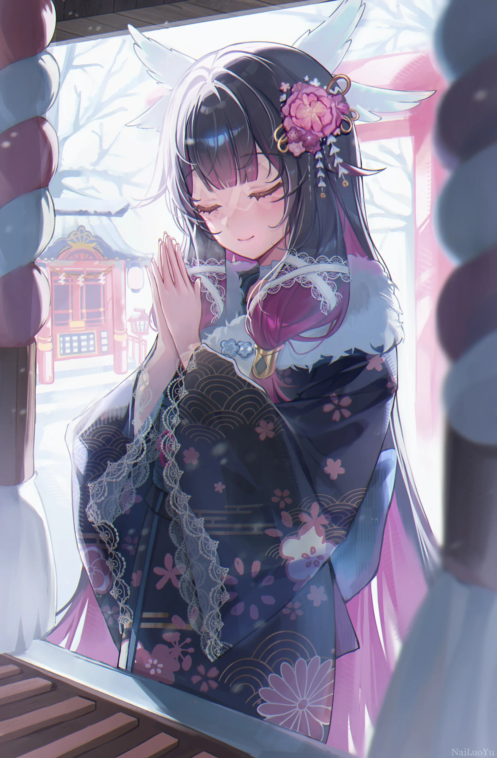 落雪神社内合掌祈愿的羽耳和服少女