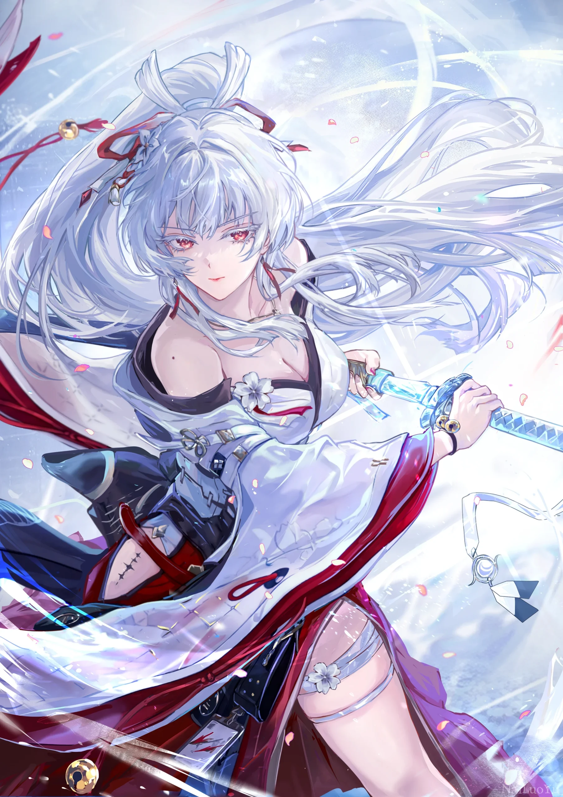 执冰晶太刀的银发和风女武士飒爽立绘