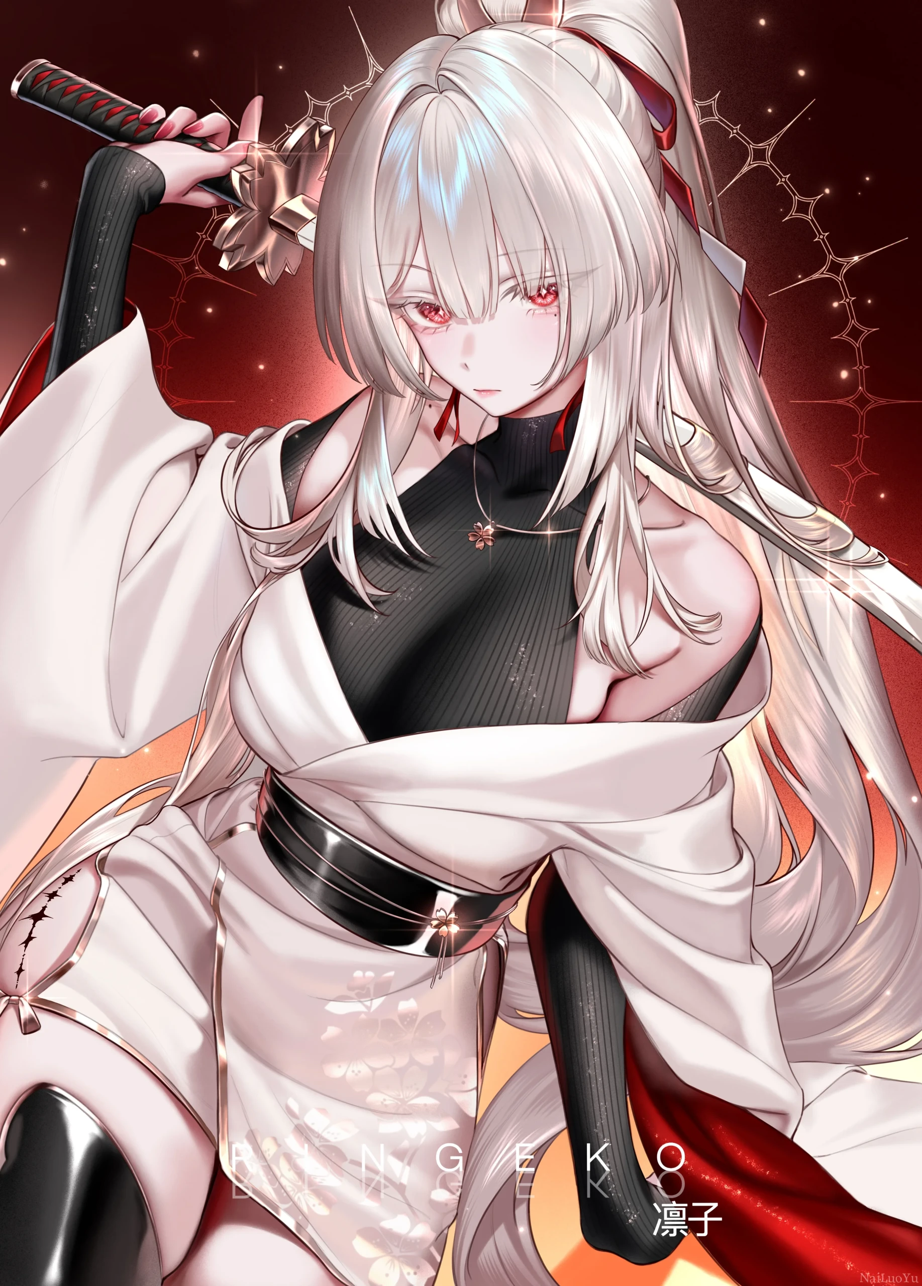 持太刀的银发高马尾和风冷艳女武士