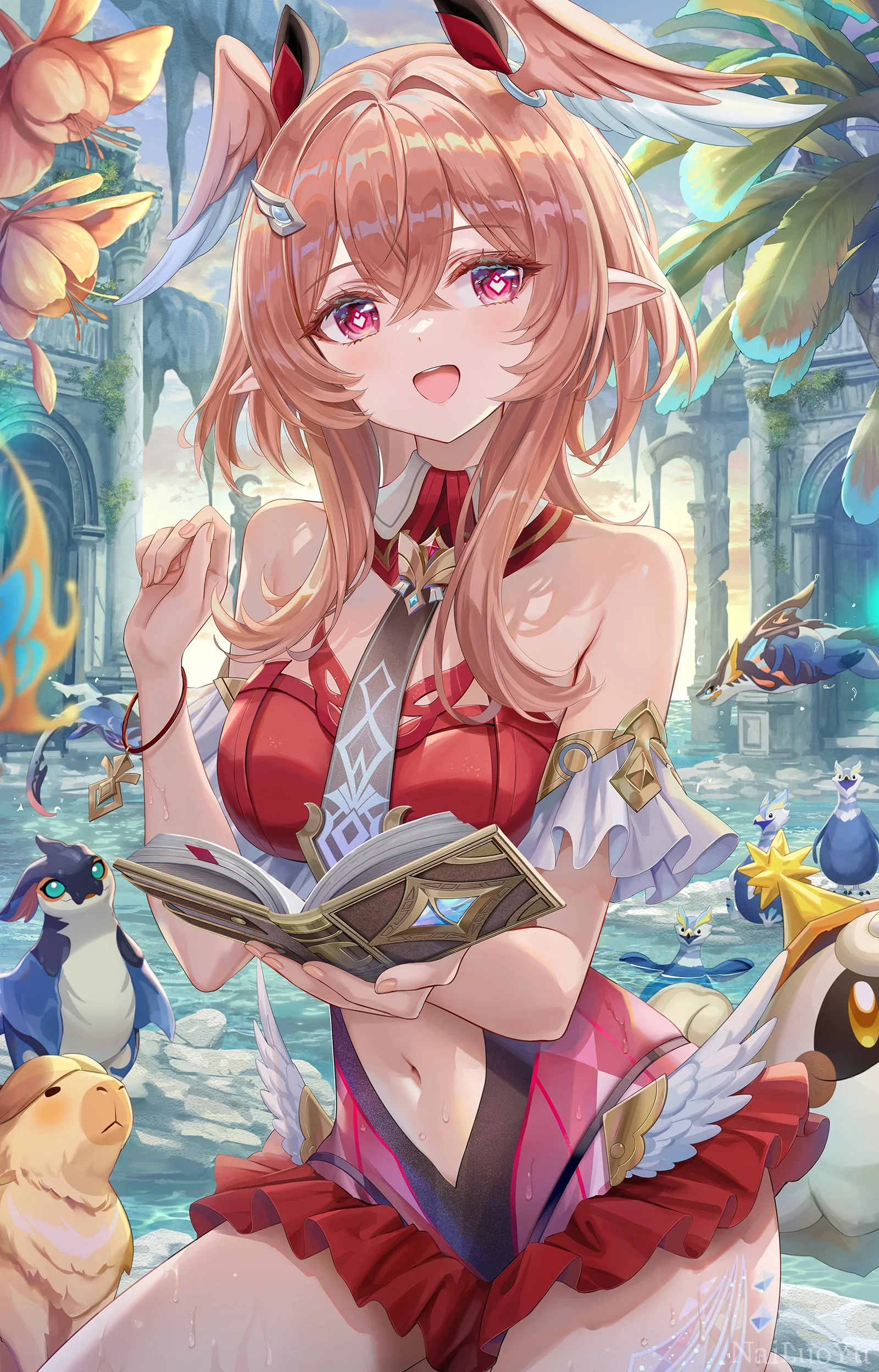 滨海遗迹旁捧书欢笑的粉发羽耳美少女