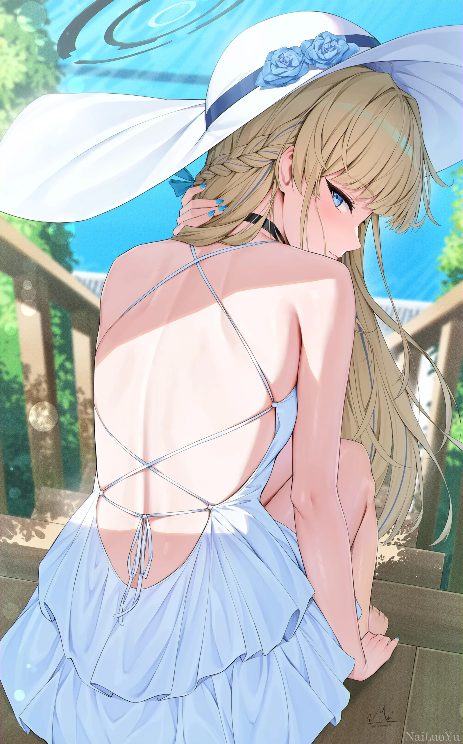 夏日露台回眸的浅蓝裙金发二次元少女