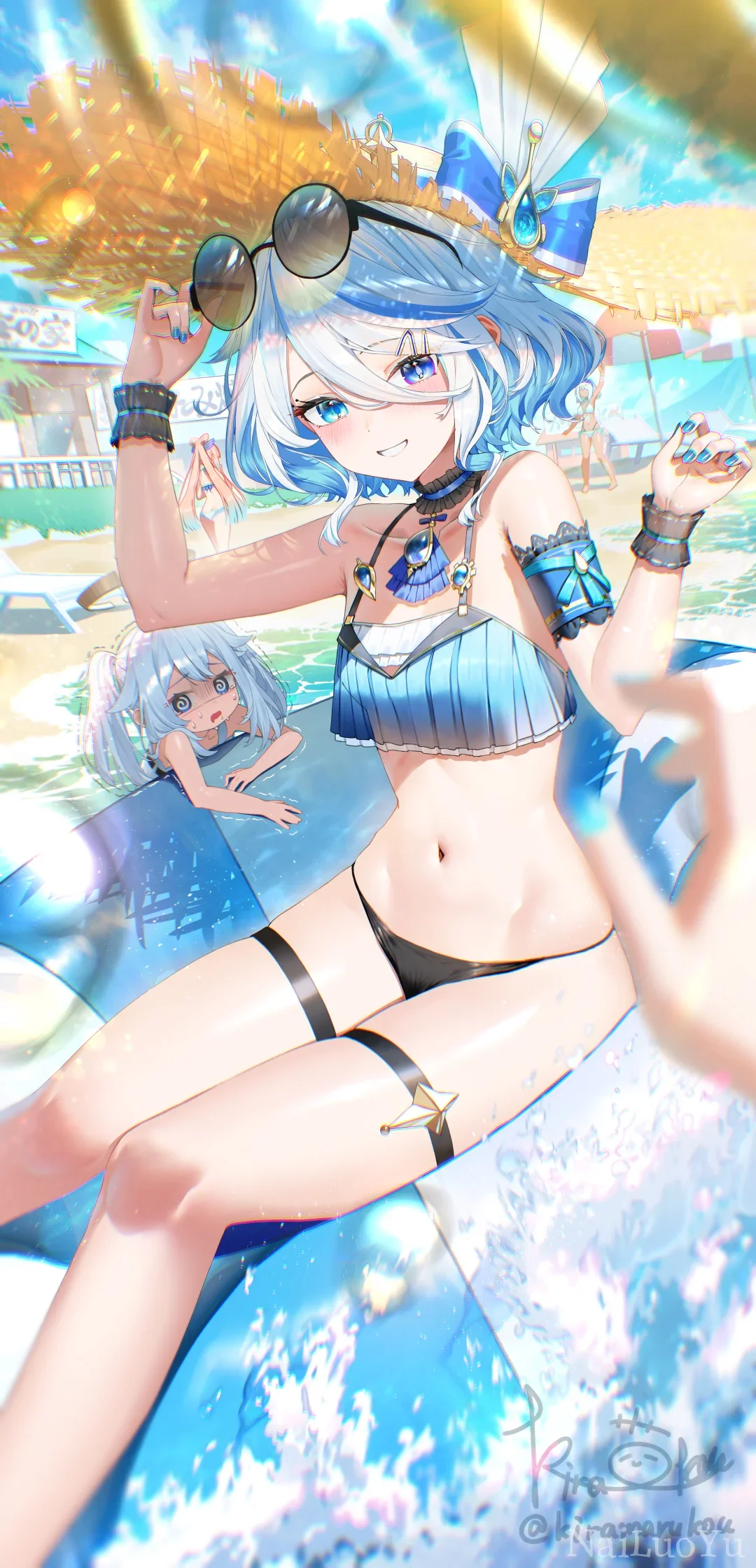 原神芙宁娜夏日海滩泳装同人主题插画