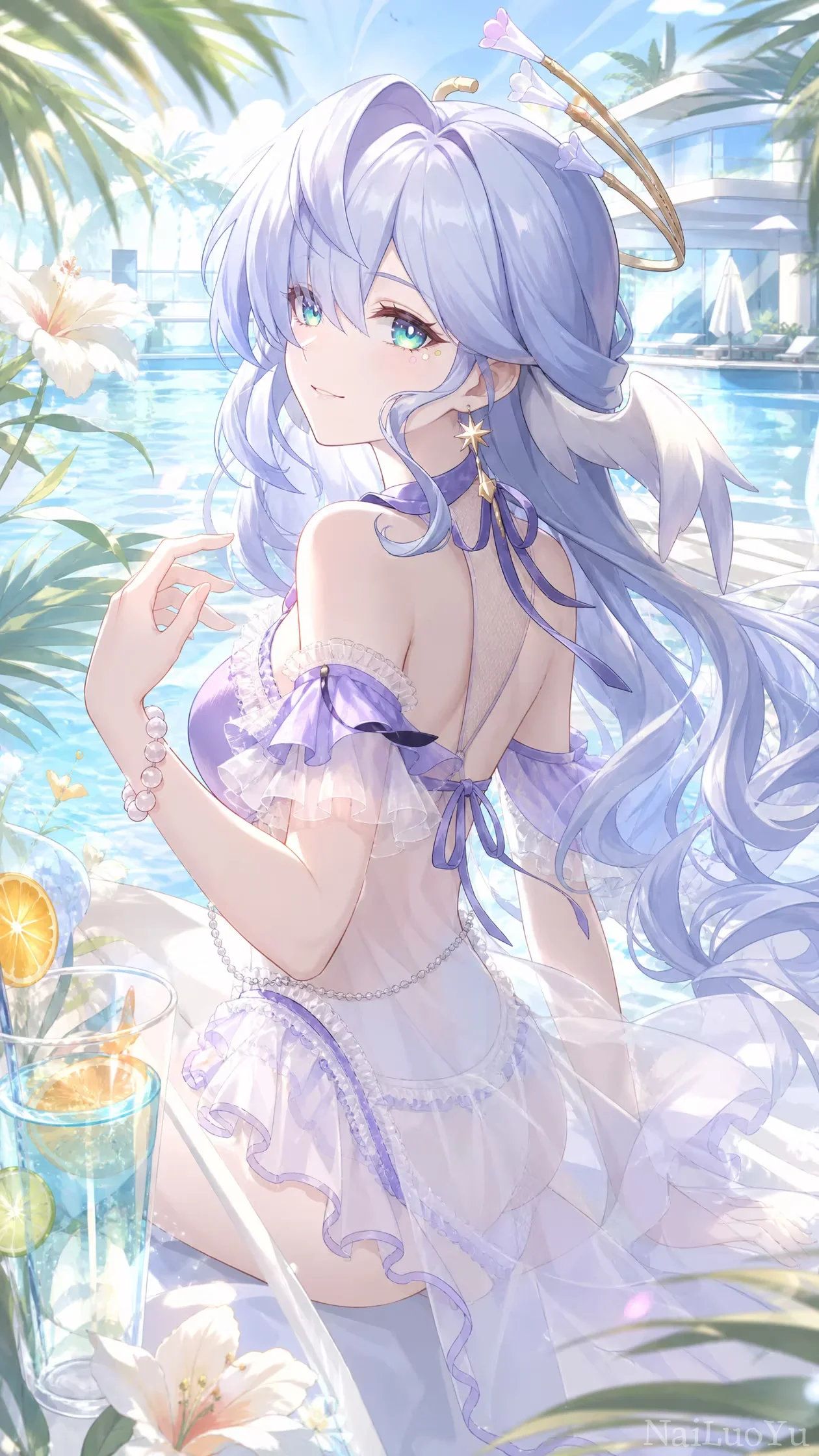 夏日泳池边的泳装知更鸟唯美同人插画